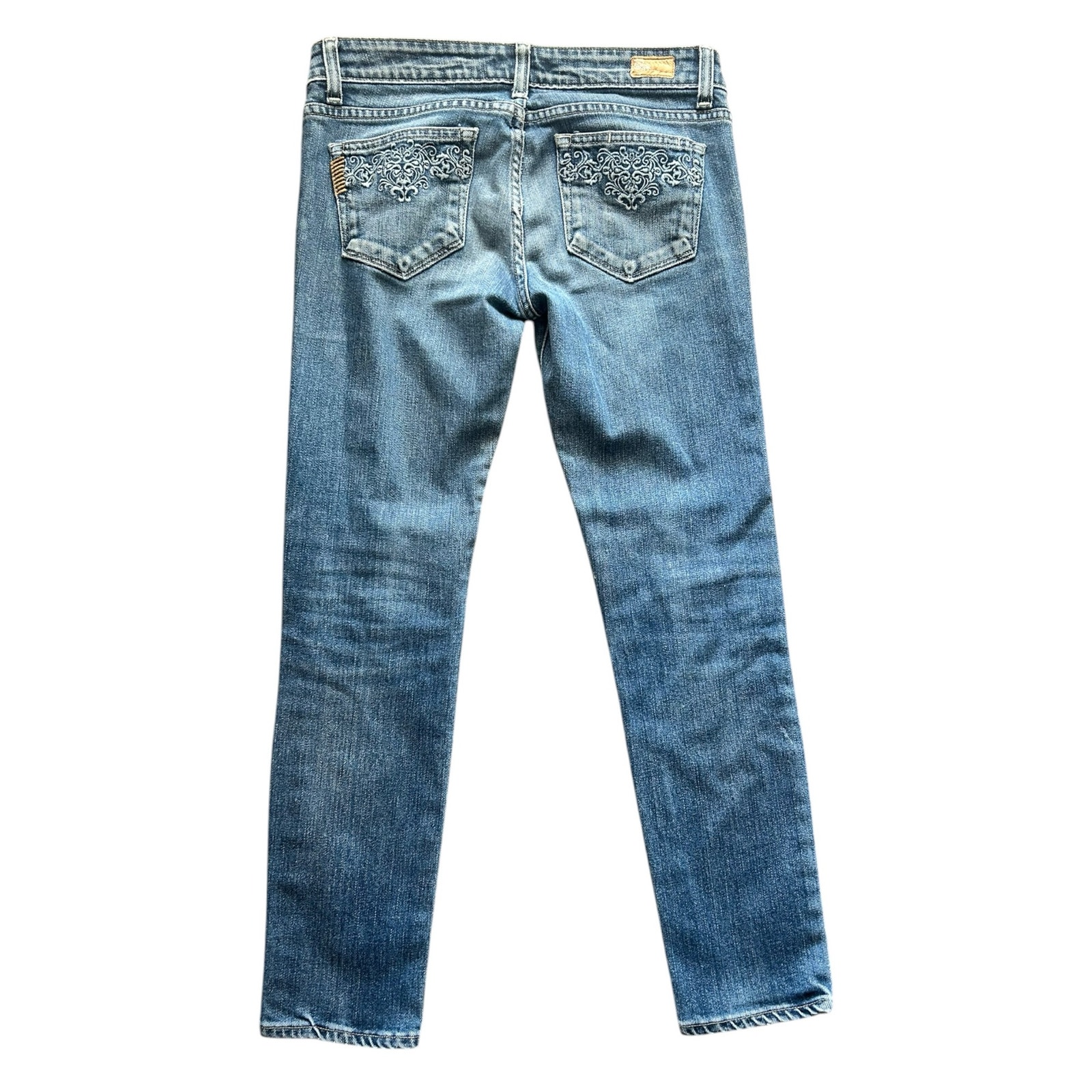 Paige Vintage Y2k Low Rise Skinny Jeans Embroidered Pockets Blue Wash Size 28”